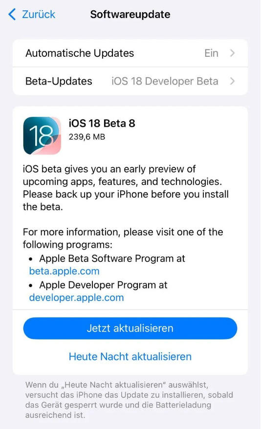 仁兴镇苹果手机维修分享苹果 iOS / iPadOS 18 开发者预览版 Beta 8 发布 